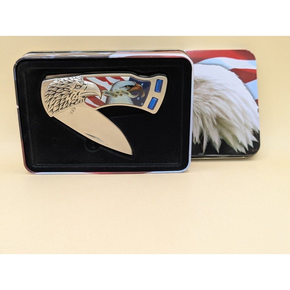 United We Stand American Bald Eagle Folding Knife In Collectors Tin Silver Tone